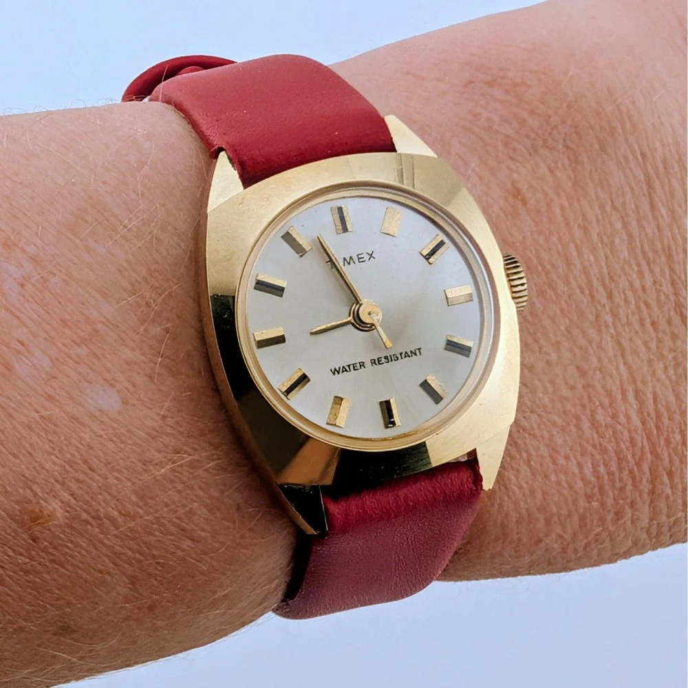 Vintage Timex Manual Wind Women's Gold Tone Cushion Case Watch Red Strap 24mm